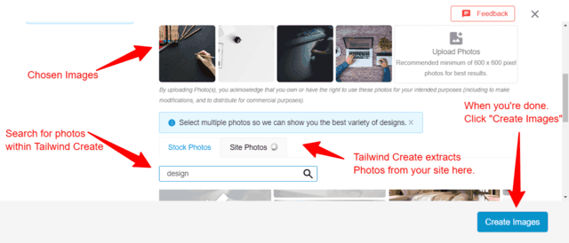 Choose photos to generate pin images with Tailwind Create