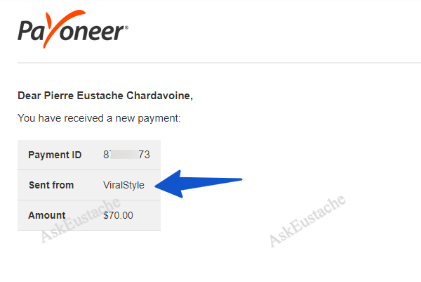 Proof of payment from ViralStyle - a Payoneer partner