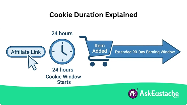 Diagram explaining the Amazon 24-hour cookie and 90-day cart extension for affiliates