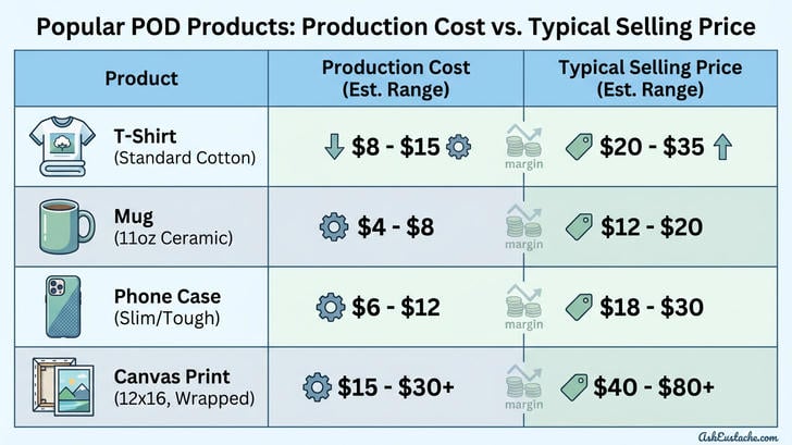 Comparison of profitable print on demand products including apparel, home decor, and accessories