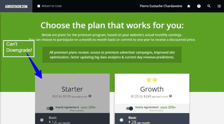 You can downgrade Ezoic premium plans to reduce fees