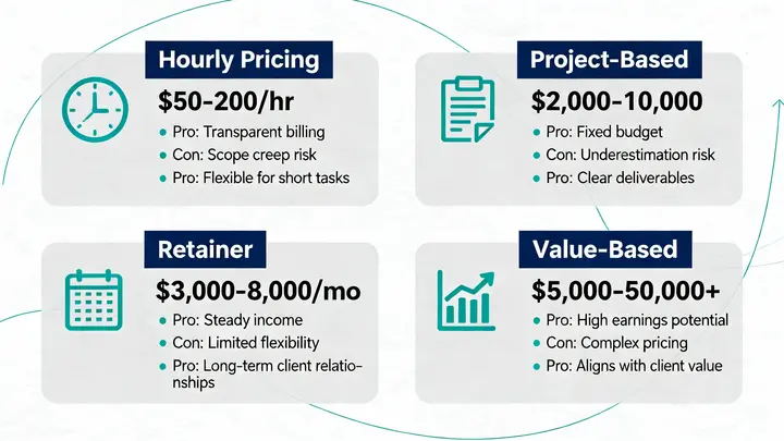 Comparison chart showing hourly, project-based, retainer, and value-based freelance pricing models with pros and cons