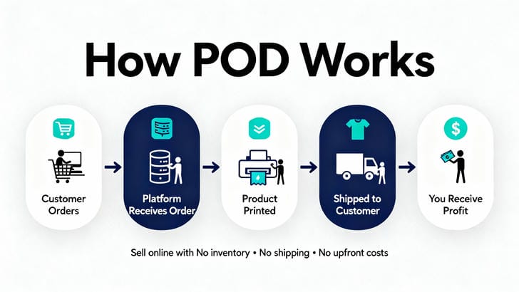 Print on demand fulfillment process diagram from customer order to doorstep delivery