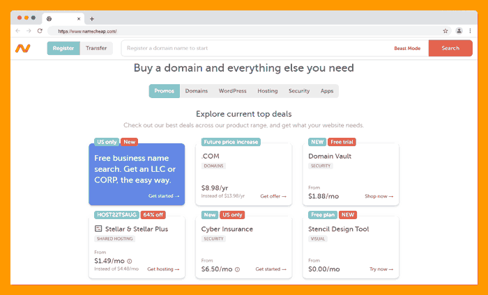 Namecheap registrar homepage to buy domain names
