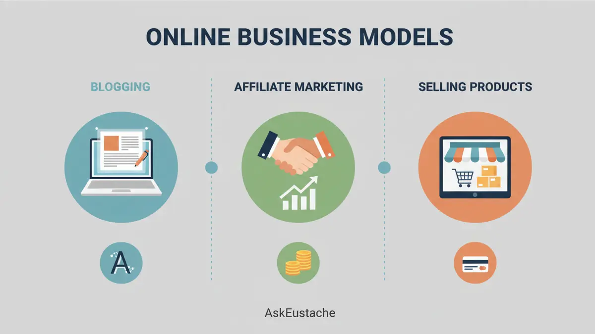 Three main online business models: blogging, affiliate marketing, and selling products