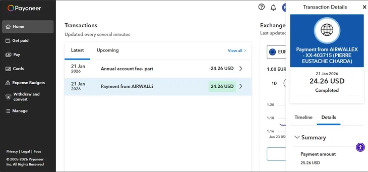 Screenshots showing the annual account fee I paid to Payoneer in 2026