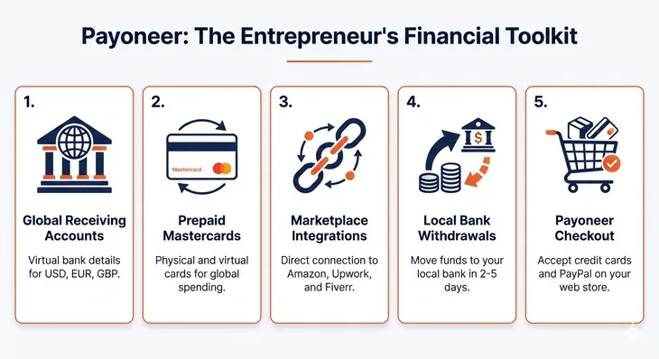 Infographic illustrating 5 key Payoneer features for entrepreneurs, from receiving accounts to withdrawals.