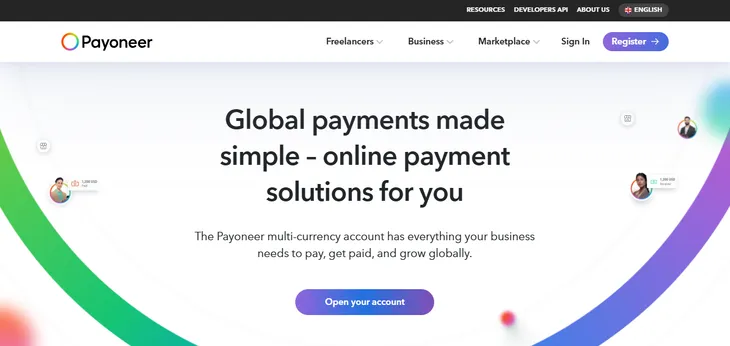 Screenshot of Payoneer homepage, a platform for global payment services