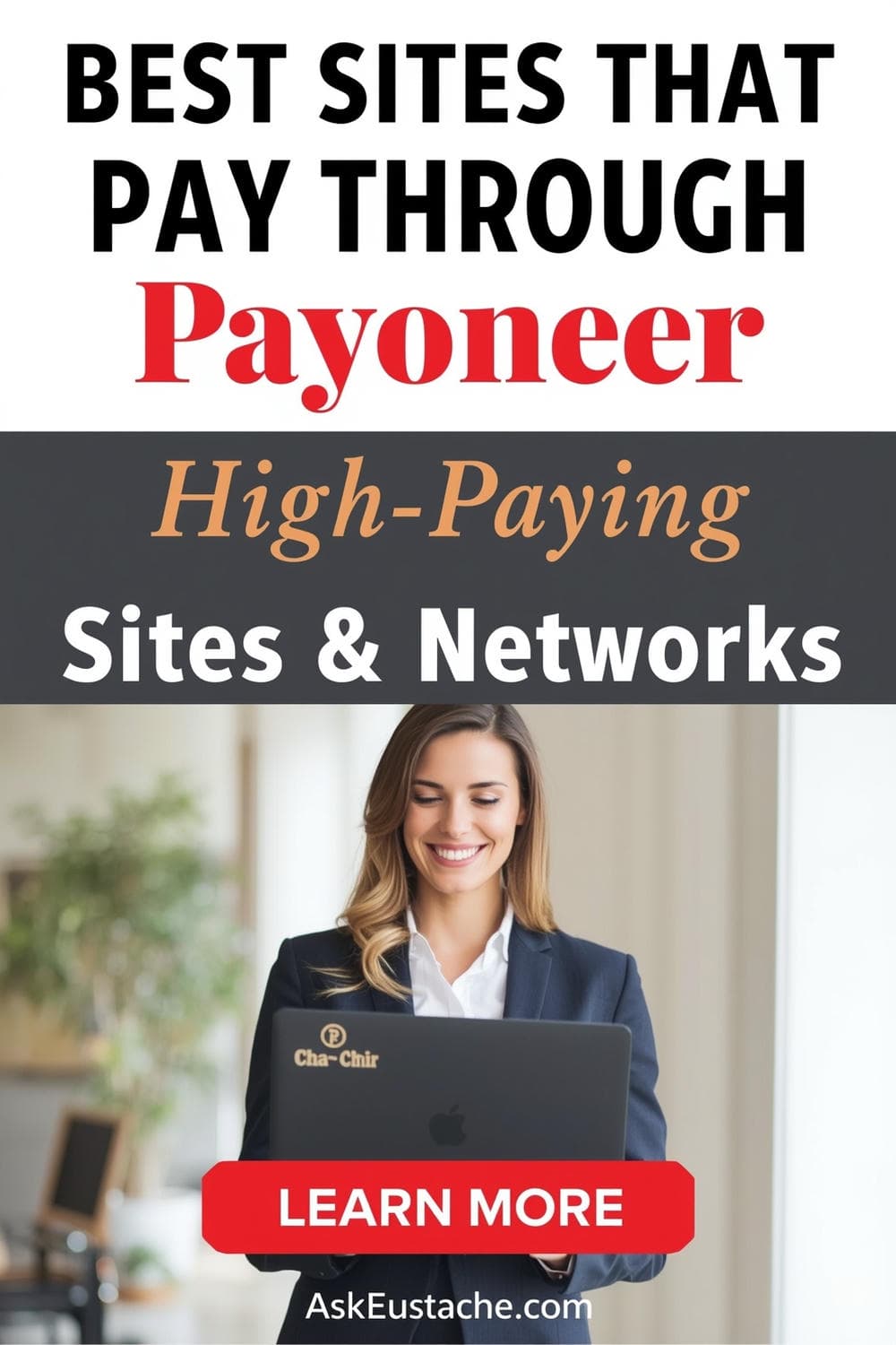 photo of a women getting paid, text that says best sites that pay through Payoneer
