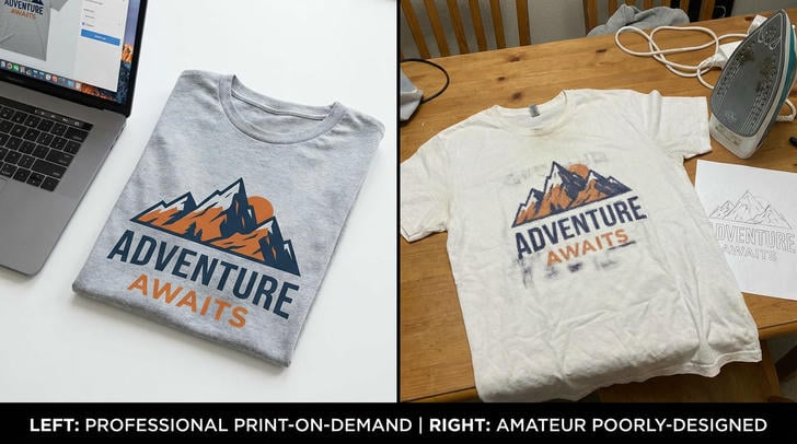 Side-by-side comparison of high-quality versus low-quality print on demand t-shirt designs
