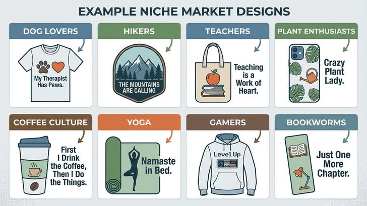 Examples of profitable print on demand niches from pets to hobbies to professions