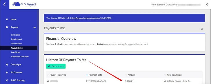 commission I received from Cloudways affiliate program