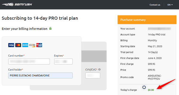 SEMrush trial account creation process