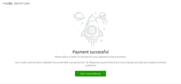 Payment success for your SEMrush trial