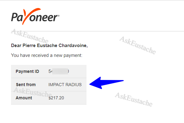 Proof of payment received via Payoneer from ImpactRadius