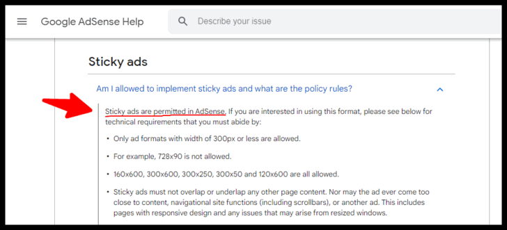 Screenshot where Google says that Sticky ads are permitted in Adsense.