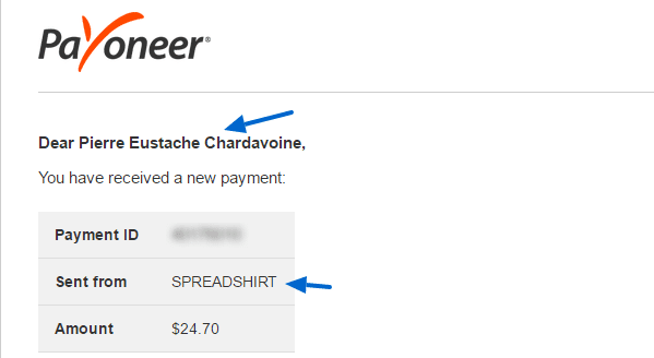 I got paid from Spreadshirt using Payoneer